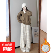 千鳥(niǎo)格闊腿褲女秋冬2025新款高腰慵懶休閑加絨加厚白色格子褲子 藍格 加絨  常規 L