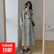 中長(cháng)款過(guò)膝純棉長(cháng)袖連衣裙女秋季森系新款洋氣寬松卡通開(kāi)叉t恤裙 灰色麻花女孩