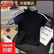 小個(gè)子美式復古正肩短袖T恤女夏三條杠修身顯瘦短款上衣RL#A015# A015#黑色 L 【97-107斤】