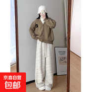 千鳥(niǎo)格闊腿褲女秋冬2025新款高腰慵懶休閑加絨加厚白色格子褲子 藍格  常規 XL