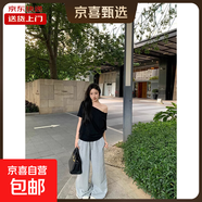 美式斜肩寬松短袖T恤女夏季新款設計感辣妹顯瘦露肩上衣RL#A026# A026#黑色 M 【95-105斤】