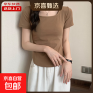 胖mm遮肚子顯瘦別致甜美正肩方領(lǐng)t恤女不規則夏季上衣潮KJY#A006# KJY#A006#卡其色 XL 【103-117斤】