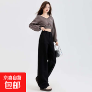 秋冬歐美風(fēng)闊腿褲牛仔褲女高個(gè)子黑色高腰顯瘦拖地闊腿褲女式提臀 黑色加長(cháng) 2XL