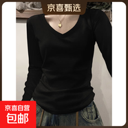 U領(lǐng)純色打底衫女內搭春秋季新款修身正肩長(cháng)袖t恤女棉質(zhì)基礎款上衣 K703長(cháng)袖V領(lǐng)-黑色 L【100-110斤】