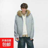 美式復古毛領(lǐng)連帽開(kāi)衫毛衣男秋冬季感針織衫外套 灰色 常規 M