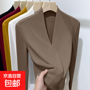 德絨保暖T恤女百搭設計內搭打底衫深v領(lǐng)性感長(cháng)袖高質(zhì)量氣質(zhì)上衣 卡其色【單件裝 德絨】 L