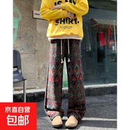 民族風(fēng)休閑褲男秋冬季美式復古褲子加絨寬松闊腿直筒褲長(cháng)褲遮肉 CT17紅色 4XL