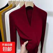 德絨保暖T恤女百搭設計內搭打底衫深v領(lǐng)性感長(cháng)袖高質(zhì)量氣質(zhì)上衣 酒紅色【單件裝 德絨】 L