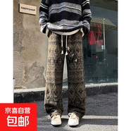 民族風(fēng)休閑褲男秋冬季美式復古褲子加絨寬松闊腿直筒褲長(cháng)褲遮肉 CT17綠色 4XL