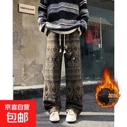 民族風(fēng)休閑褲男秋冬季美式復古褲子加絨寬松闊腿直筒褲長(cháng)褲遮肉 CT17-1綠色 加絨 4XL