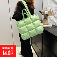 2025冬款跨境九宮格羽絨棉柔軟太空棉服手提單肩包填充棉托特女包 綠色