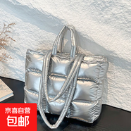 2025冬款跨境九宮格羽絨棉柔軟太空棉服手提單肩包填充棉托特女包 銀色