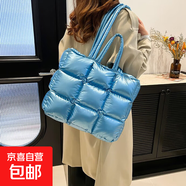 2025冬款跨境九宮格羽絨棉柔軟太空棉服手提單肩包填充棉托特女包 藍色