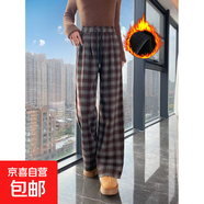 2025秋冬磨毛格子褲寬松休閑褲高腰加絨加厚闊腿褲慵懶風(fēng)長(cháng)褲 長(cháng)褲藏青 加絨 M (90-100斤)