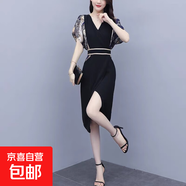 黑色氣質(zhì)印花雪紡連衣裙女夏季2025年新款收腰顯瘦女人味開(kāi)叉裙子 黑色 1232 M 101-110斤
