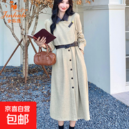 卡其色輕熟風(fēng)PU皮拼接翻領(lǐng)連衣裙女秋冬季時(shí)尚新款高腰顯瘦中長(cháng)裙 卡其色 5883 XL 建議115-130斤