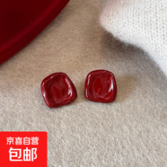 顯白安可拉紅幾何圖形耳釘女復古設計感耳環(huán)新款高級感桃心耳飾 安可拉紅不規則方形耳釘-銀針