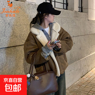 韓版明星同款毛毛外套女時(shí)尚秋冬短款寬松顯瘦百搭麂皮絨皮毛一體 栗子咖 5884 S 建議90-110斤