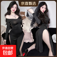 性感情趣內衣女性感高腰開(kāi)叉透視旗袍名媛夜店風(fēng)制服火辣免脫9182 黑色 均碼(80-125斤)