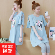孕婦裝夏裝套裝短袖寬松大碼中長(cháng)薄款上衣T恤兩件套外穿連衣裙子 藍色+同款灰色七分褲 XL【125-140斤】
