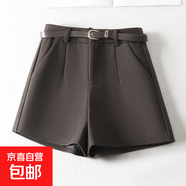 2025爆款秋冬毛呢短褲a字闊腿褲黑色靴褲女高腰修身顯瘦外穿短褲 M01咖色【升級毛呢面料】不含腰帶 M (推薦【95-105斤】)