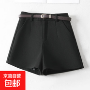 2025爆款秋冬毛呢短褲a字闊腿褲黑色靴褲女高腰修身顯瘦外穿短褲 M01黑色【升級毛呢面料】不含腰帶 XL (推薦【115-125斤】)