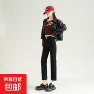 秋冬彈力九分褲黑色小直筒煙管褲高腰修身顯瘦顯腿細超柔紗牛仔褲 黑色八分 L