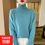 秋冬新款立領(lǐng)套頭毛衣女寬松加厚韓版純色高領(lǐng)針織打底衫針織衫女 湖藍色 S 建議85-95斤