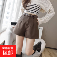 時(shí)尚INS毛呢褲子秋冬新款女裝黑色厚款短褲高腰闊腿褲外穿靴褲 咖色毛呢短褲【靴褲】(【不配腰帶】) 2XL (推薦125-140斤)