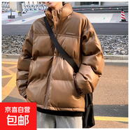 冬裝加厚棉衣外套pu皮棕色棉服女立領(lǐng)寬松拼接防水保暖棉襖潮 棕色 2XL
