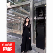 新款純色v領(lǐng)長(cháng)袖針織連衣裙女早秋內搭打底冬季修身包臀氣質(zhì)長(cháng)裙 黑色 S