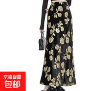 【大金玫瑰】復古印花燙金玫瑰絲絨半身裙女顯瘦高腰A字裙 燙金玫瑰 2XL 140-155