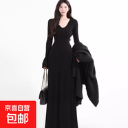早秋冬季新款純色v領(lǐng)長(cháng)袖針織連衣裙女內搭打底修身包臀氣質(zhì)長(cháng)裙 黑色 2XL