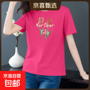 純棉短袖t恤女裝夏季寬松顯瘦圓領(lǐng)半袖打底體恤衫學(xué)生百搭上衣604 玫紅郁金香 3XL 【建議135-145斤】