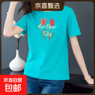 純棉短袖t恤女裝夏季寬松顯瘦圓領(lǐng)半袖打底體恤衫學(xué)生百搭上衣604 湖綠郁金香 2XL 【建議125-135斤】