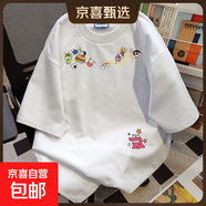 美式純棉重磅圓領(lǐng)短袖T恤女2024夏季新款蠟筆小新寬松情侶上衣潮 白色【220g精梳純棉】 2XL