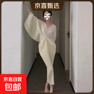 女裝新款三宅裙子夏季氣質(zhì)時(shí)尚寬松蝙蝠袖v領(lǐng)長(cháng)款褶皺連衣裙 米白色 均碼