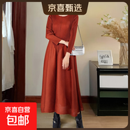 女裝連衣裙秋裝高級感褶皺純色圓領(lǐng)長(cháng)袖寬松氣質(zhì)顯瘦a字裙子 焦糖色 均碼