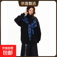 時(shí)尚大碼女裝200斤衛衣秋復古格子拼接中長(cháng)寬松薄款新款連帽上衣 黑色 均碼 3