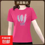 【送媽媽禮物】純棉短袖t恤女2025夏季百搭大碼女裝印花媽媽裝 玫紅羽毛 M 【建議80-100斤】