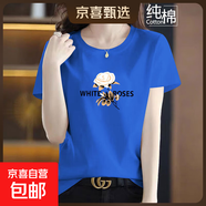 純棉短袖t恤女夏季新款寬松顯瘦半袖圓領(lǐng)印花媽媽裝上衣打底衫608 彩蘭【金玫瑰】 3XL 【建議135-145斤】