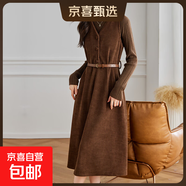 【通勤利器】燈芯絨加厚連衣裙女中長(cháng)款高腰顯瘦淑女裙秋冬裙子 咖啡色 L