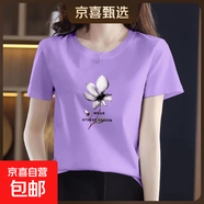 純棉短袖t恤女裝夏季新款韓版百搭圓領(lǐng)打底衫時(shí)尚洋氣印花上衣601 淺紫茶花 2XL 【建議125-135斤】