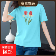 純棉短袖t恤女裝夏季寬松顯瘦圓領(lǐng)半袖打底體恤衫學(xué)生百搭上衣604 淺蘭郁金香 3XL 【建議135-145斤】