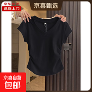 春秋冬裝褶皺長(cháng)袖打底衫女弧形下擺不規則T恤內搭純色棉質(zhì)上衣TZF 黑色【短袖V領(lǐng)】 2XL 【115-130斤】