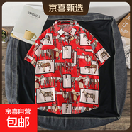 夏季短袖襯衣男ins復古搞怪人頭個(gè)性印花潮牌韓版寬松襯衫潮上衣 紅色【度1138-小馬】短袖襯衫 M