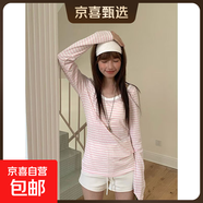 慵懶感純棉藍色V領(lǐng)條紋防曬長(cháng)袖T恤女秋新款寬松薄款罩衫上衣HSH 1098粉色條紋 S 【建議80-90斤】