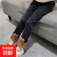 女童褲子2025新款秋冬加絨牛仔褲兒童加厚打底褲外穿保暖棉褲洋氣 咖色兔子【黑灰】 110 cm