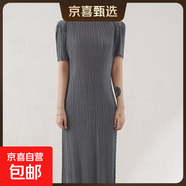 春夏褶皺連衣裙女顯瘦彈力OL通勤a字裙褶皺顯瘦 灰色 均碼