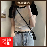 純棉短款撞色短袖t恤女夏季2025新款內搭體恤辣妹外穿插肩上衣038 038純灰拼黑 L 建議100-115斤